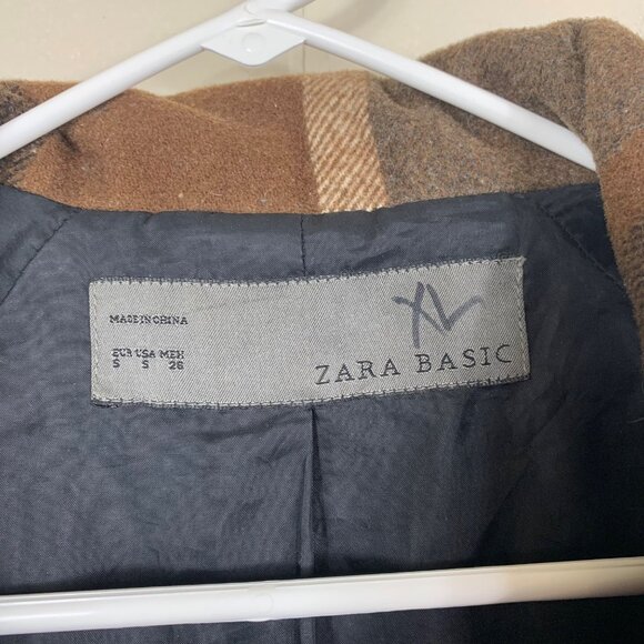 Zara Basic Women’s Wool Blend Brown Tartan Plaid Pea Coat - Size Small - Picture 4 of 8